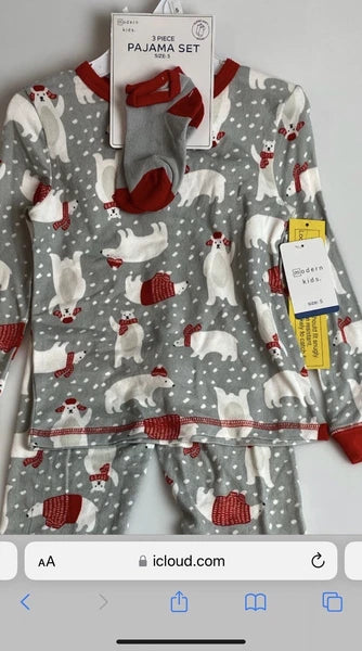 Modern Kids Unisex 3pc Pajama set - Polar Bear Design - Matching Socks -sz 5 NWT