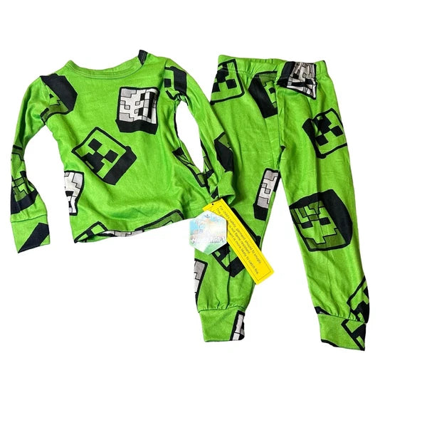 Minecraft Pajama Set Boys 4 Green Long Sleeve All Over Print 2 Set Pajama NEW