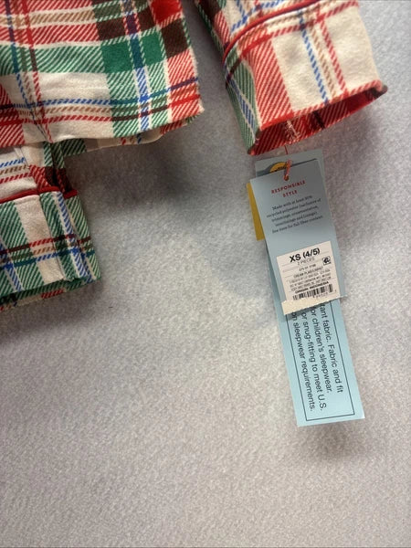 Kids Cat & Jack Unisex 2pc Pajama Set Cream Plaid XS (4/5) NWT