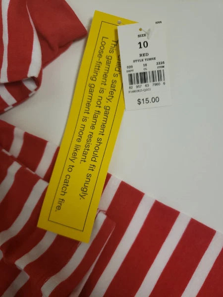Unbranded Kids 2 Pc Red & White Striped Pajama Set Cotton Elastic Sz 10 NWT
